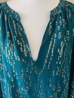 Lilly Pulitzer Teal V-Neck Blouse with Gold Foil Accents